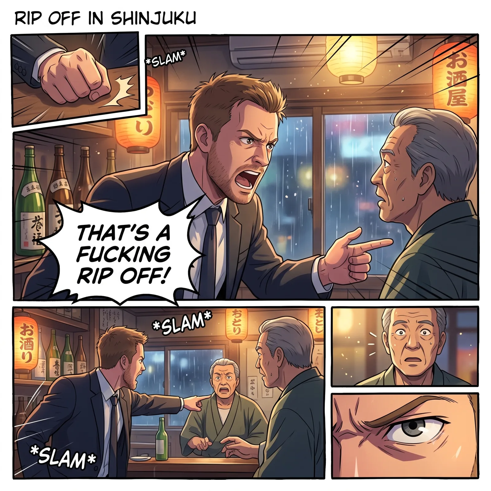 漫画:新宿の居酒屋で外国人ビジネスマンがカウンターを叩き「That's a fucking rip off!(ぼったくりじゃないか!)」と叫ぶシーン
